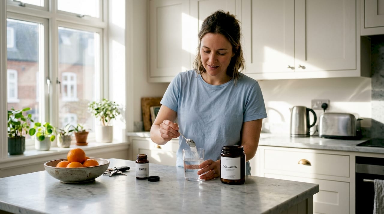 Woman preparing beauty supplement in kitchen