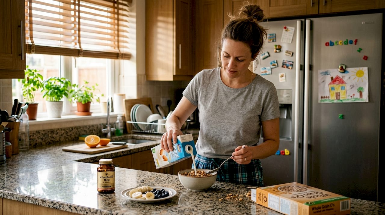 Woman preparing fortified cereal breakfast at home