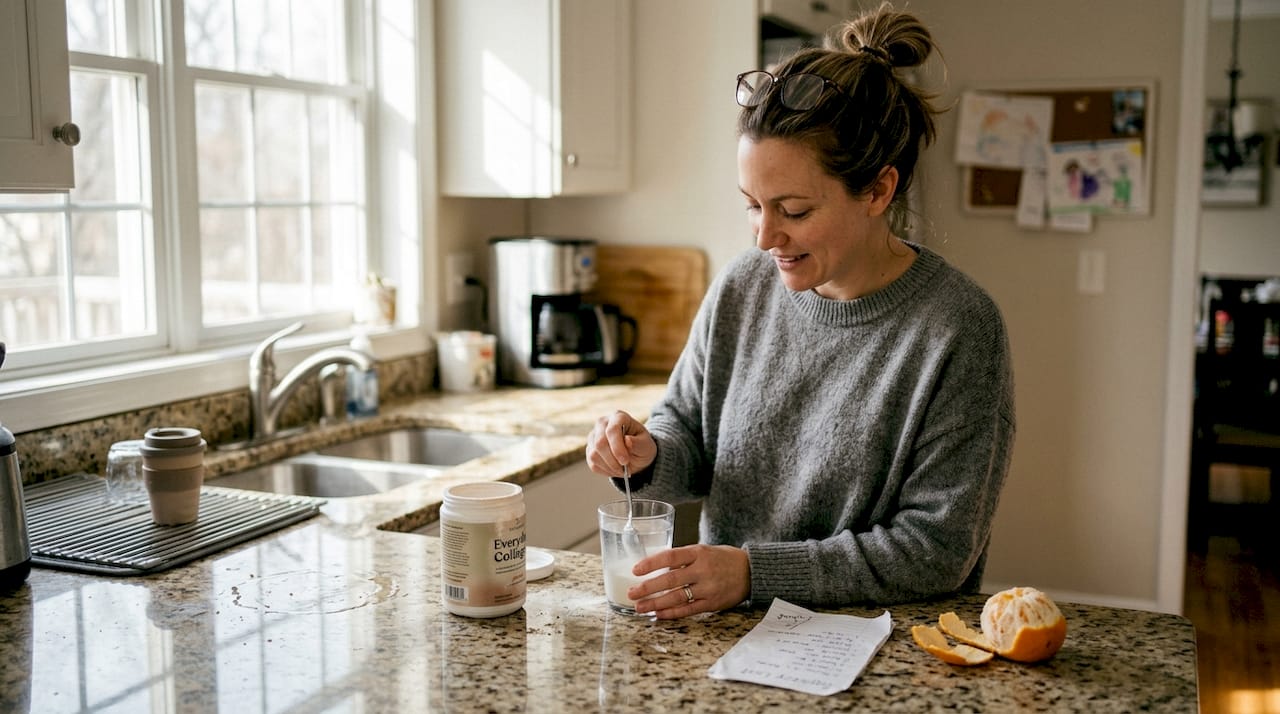 Woman mixing collagen supplement in home kitchen
