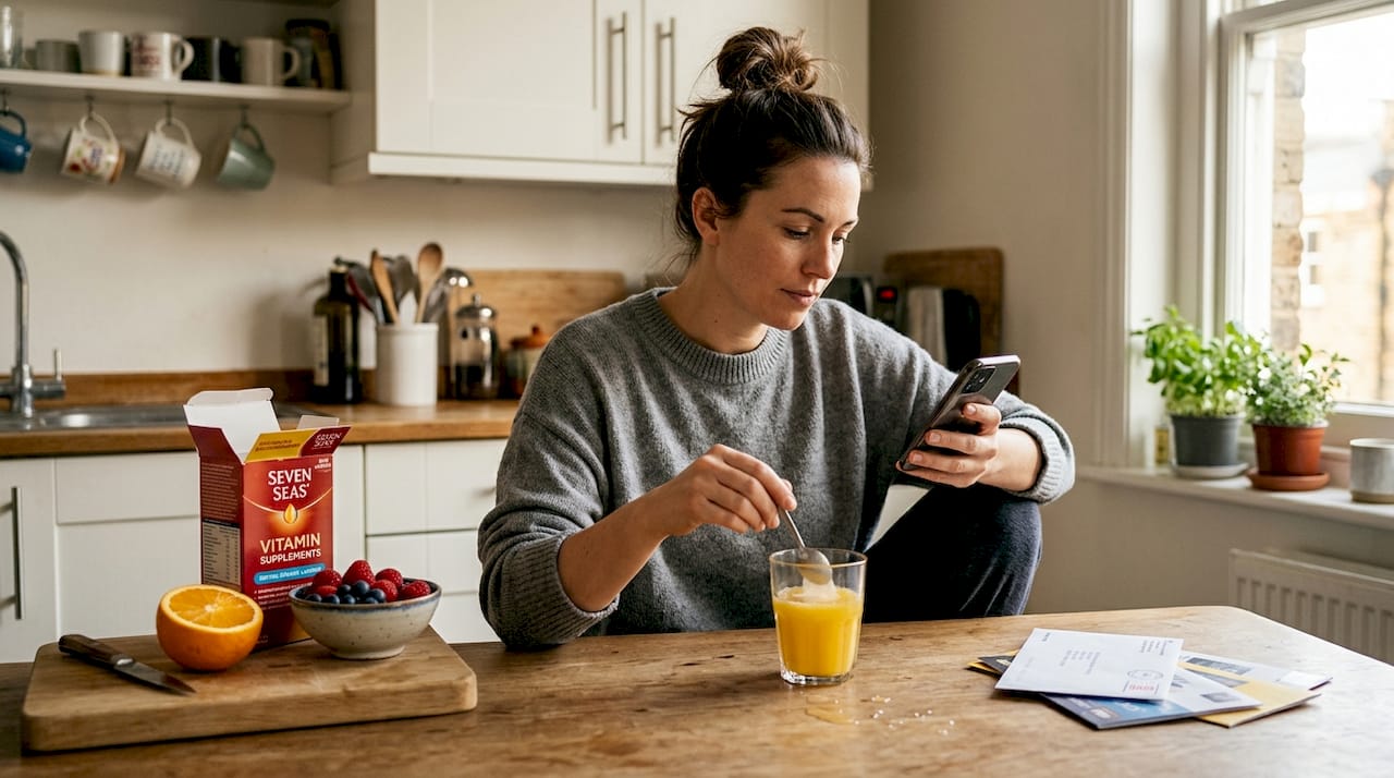 Woman adds collagen to orange juice in kitchen