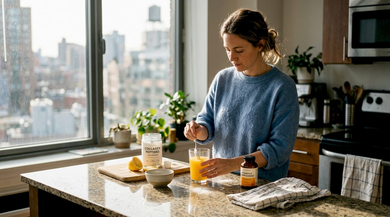 Woman mixing collagen in bright kitchen morning