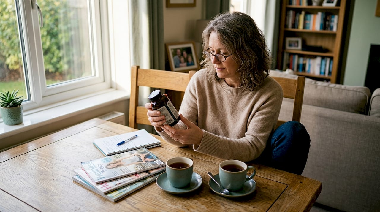 Woman researching collagen supplement in home