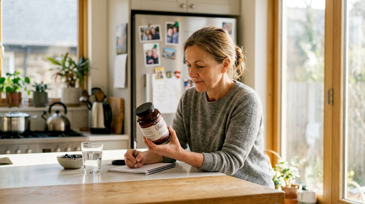 Woman reading collagen supplement label in kitchen