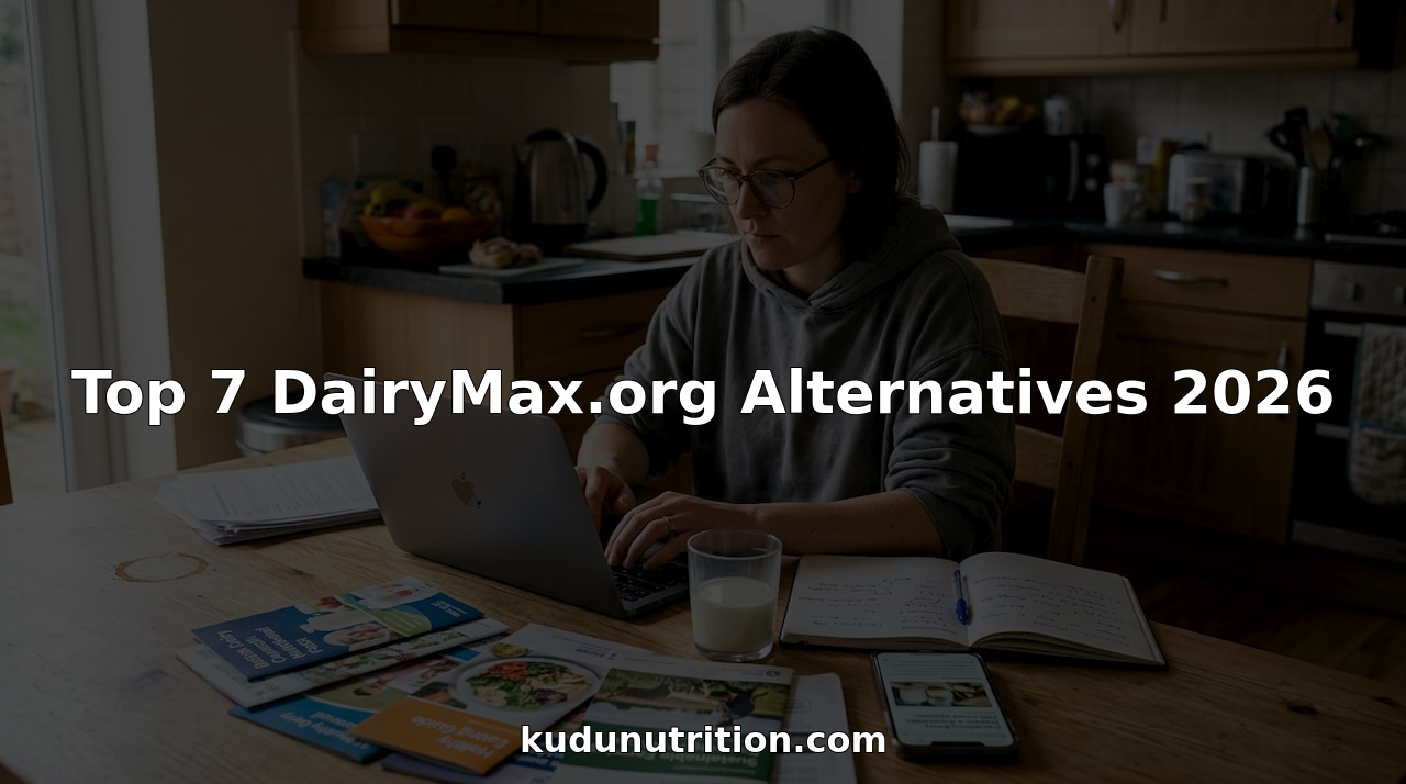 Woman researching dairy alternatives at kitchen table