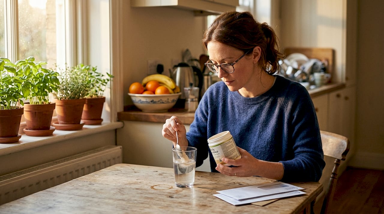 Woman mixes collagen at sunny kitchen table