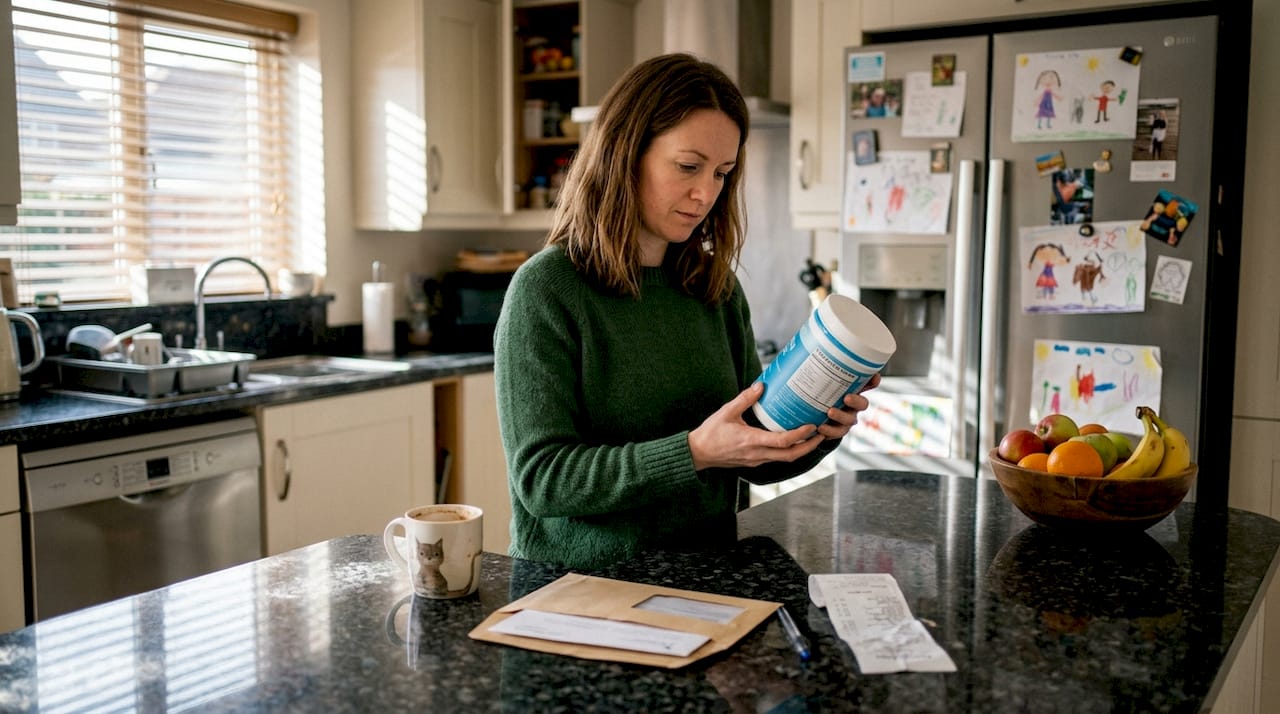 Woman reading collagen supplement label in kitchen