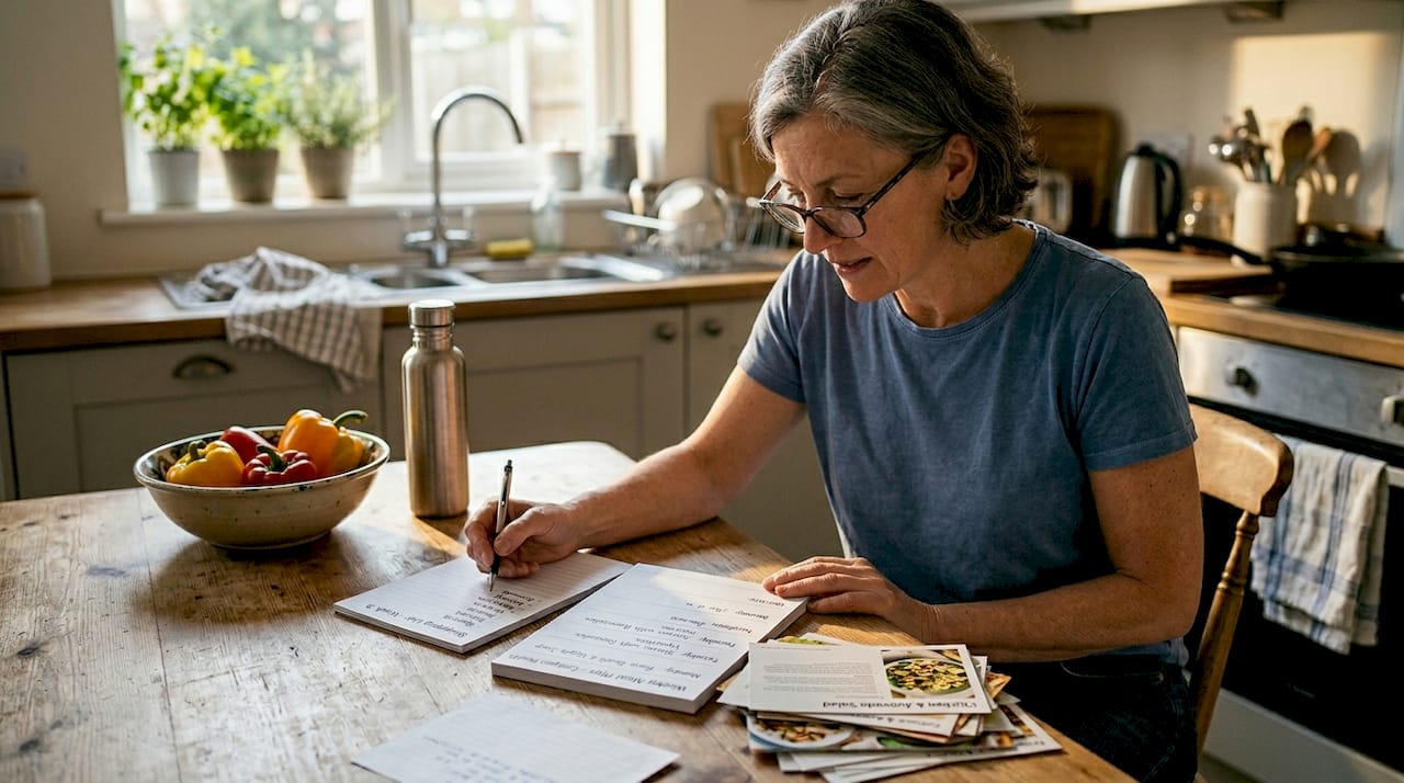 Woman meal planning at kitchen table for nutrition