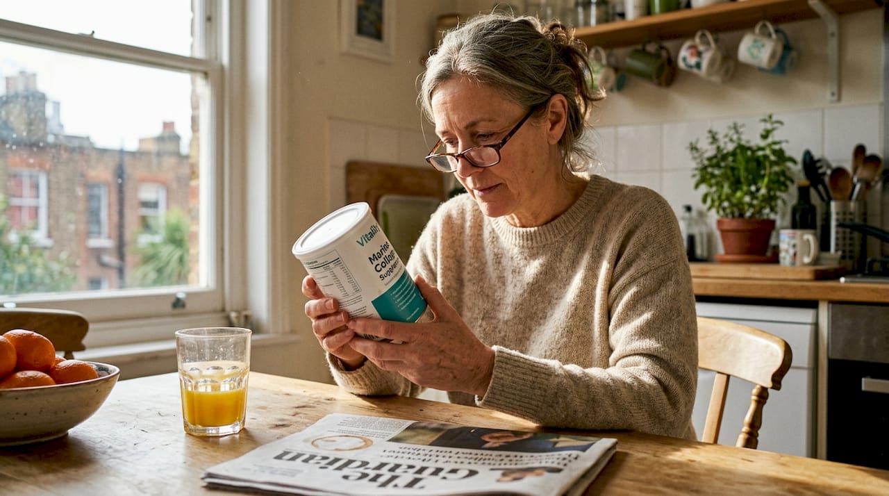 Woman reading collagen supplement label in kitchen