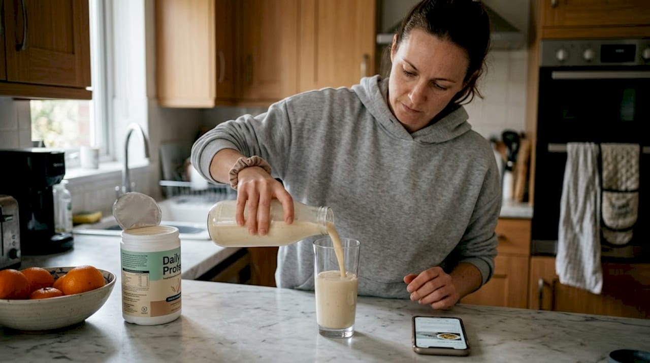 Woman pours liquid nutrition shake in morning kitchen