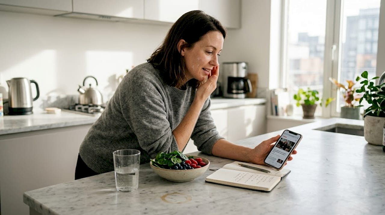 Woman applies skincare in sunlit kitchen