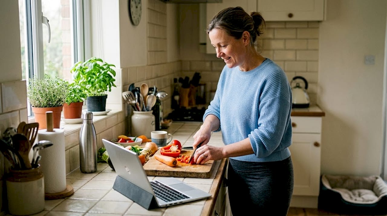 Woman cooking healthy meal in kitchen
