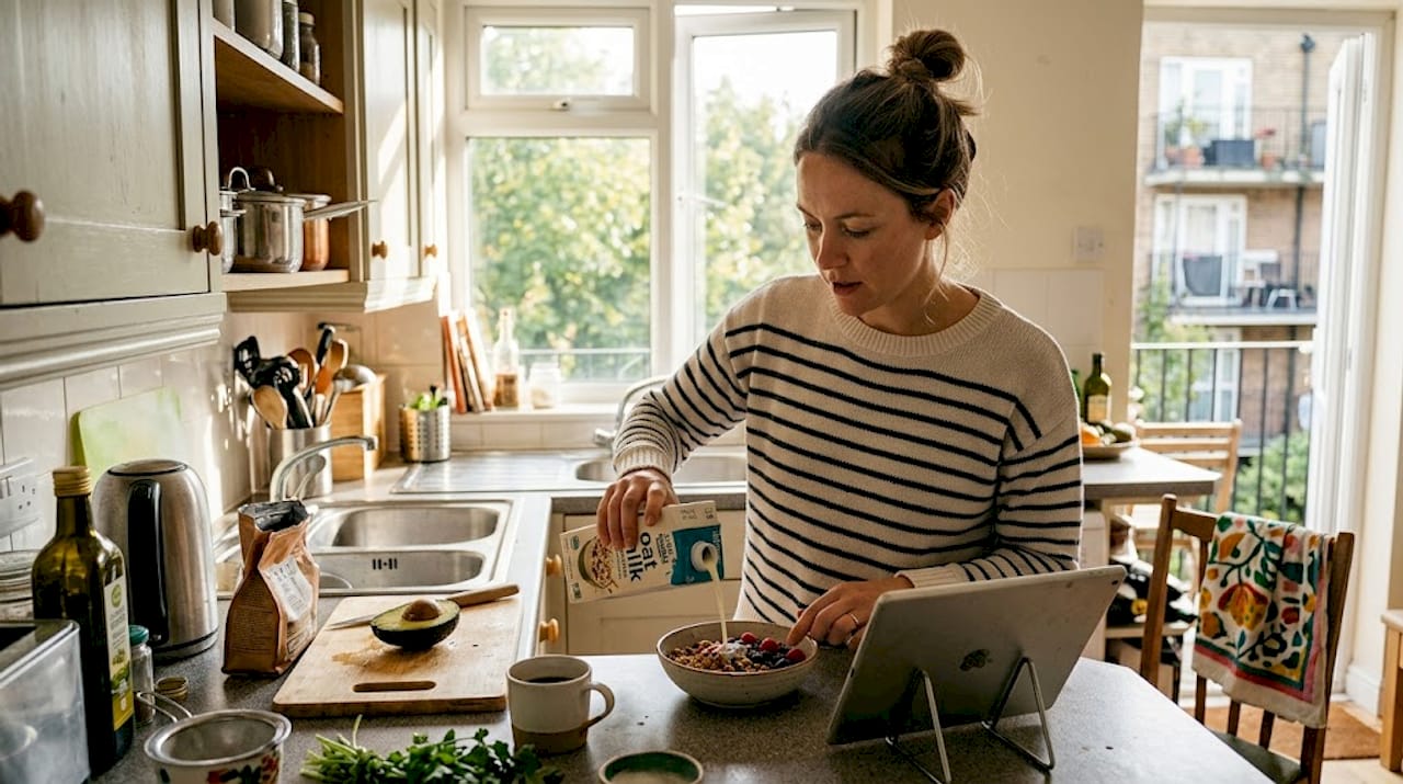 Woman preparing dairy free breakfast in kitchen