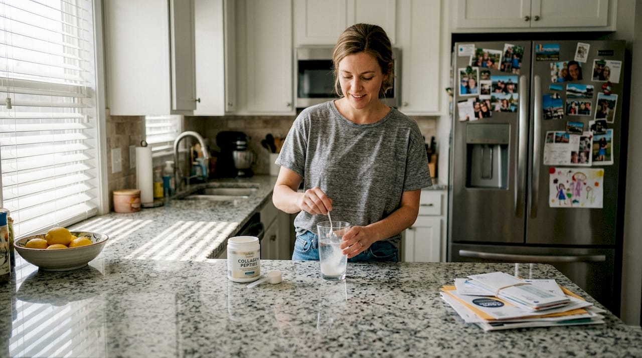 Woman mixes collagen at bright kitchen counter