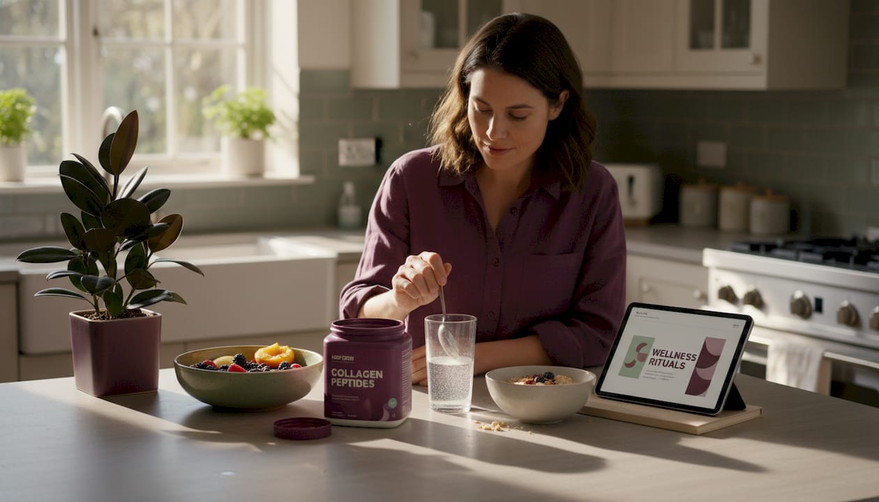 Person preparing supplement drink in bright kitchen
