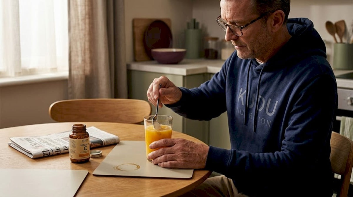 Man preparing a collagen drink in the kitchen during his eating window