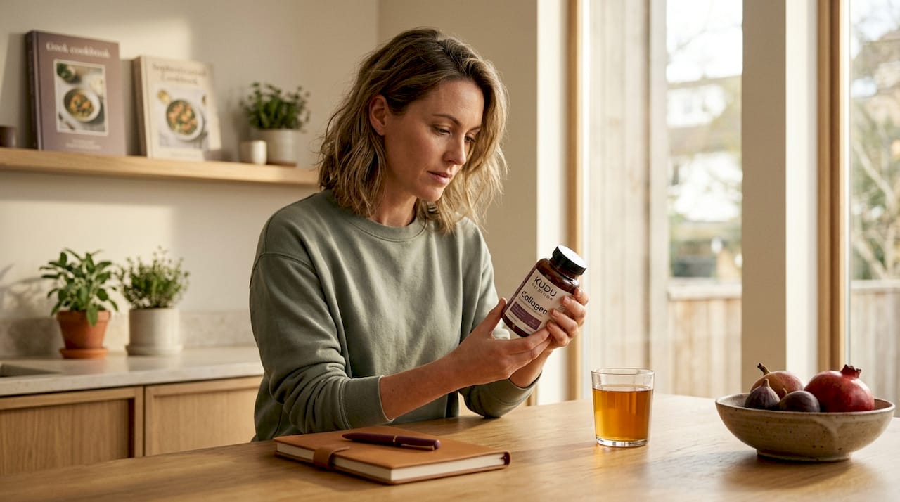 Woman reading collagen supplement in bright kitchen