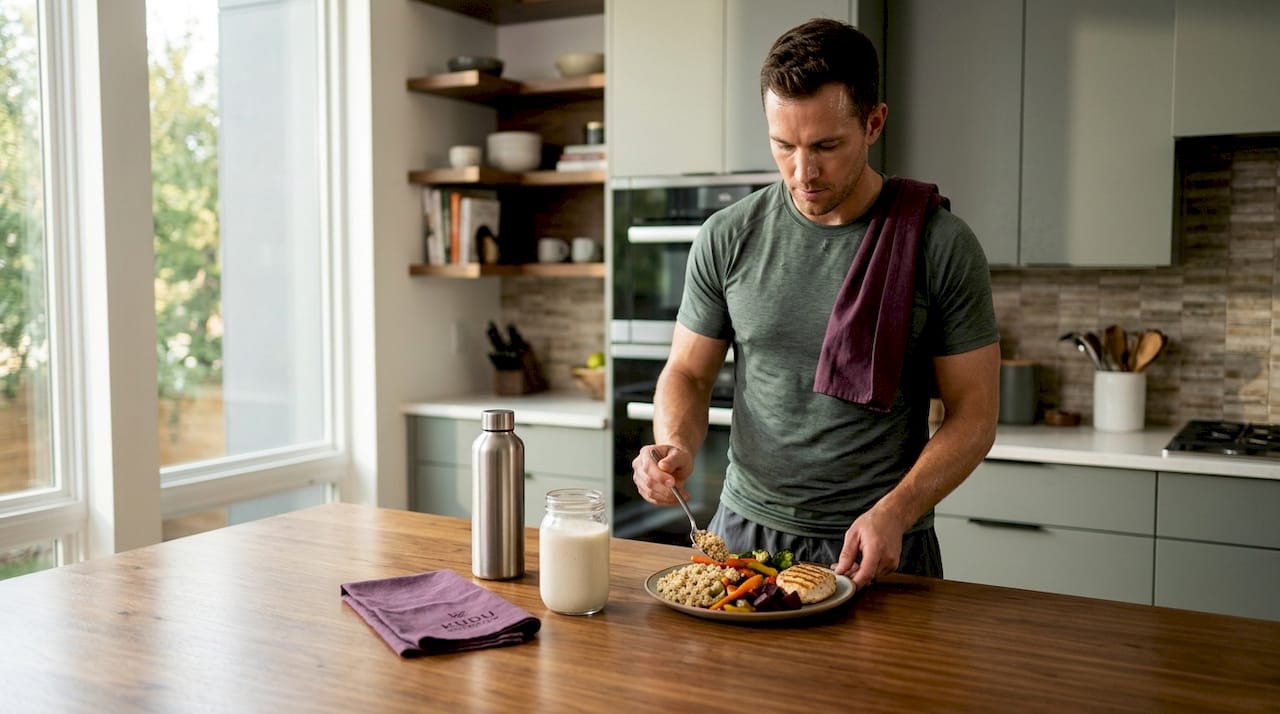 Athlete preparing post-workout meal in kitchen