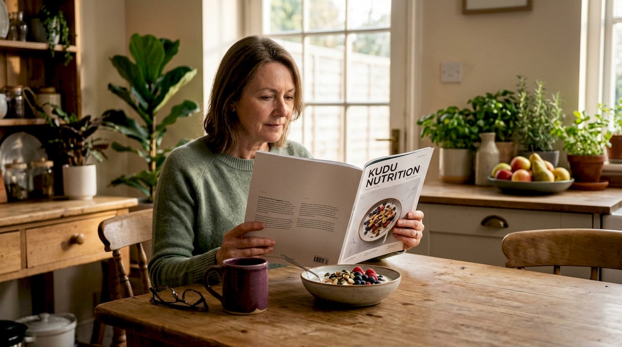 Woman reading nutrition magazine at kitchen table