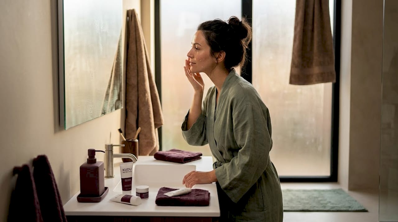 Woman applying moisturizer in bathroom