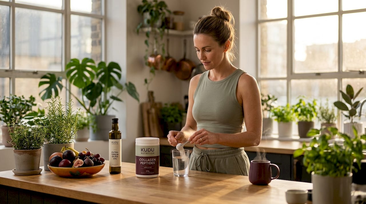 Woman mixing peptide powder in kitchen