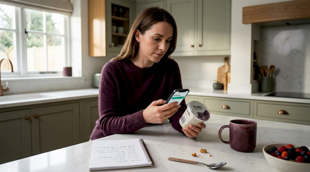 Woman scanning food with nutrition app at kitchen island