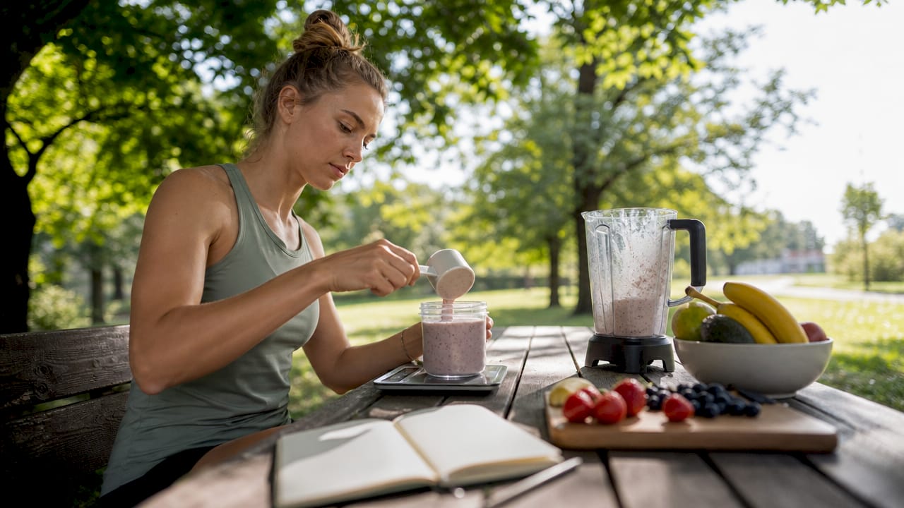 Athlete preparing nutrition smoothie in kitchen