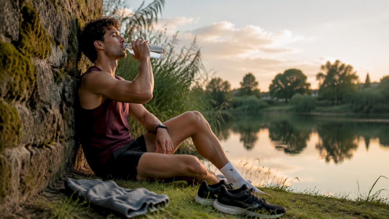Athlete drinking water after training outdoors