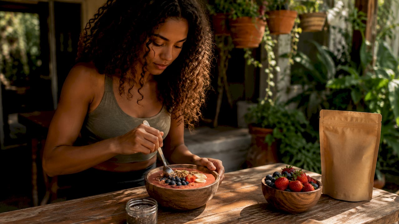 Woman preparing protein smoothie in kitchen