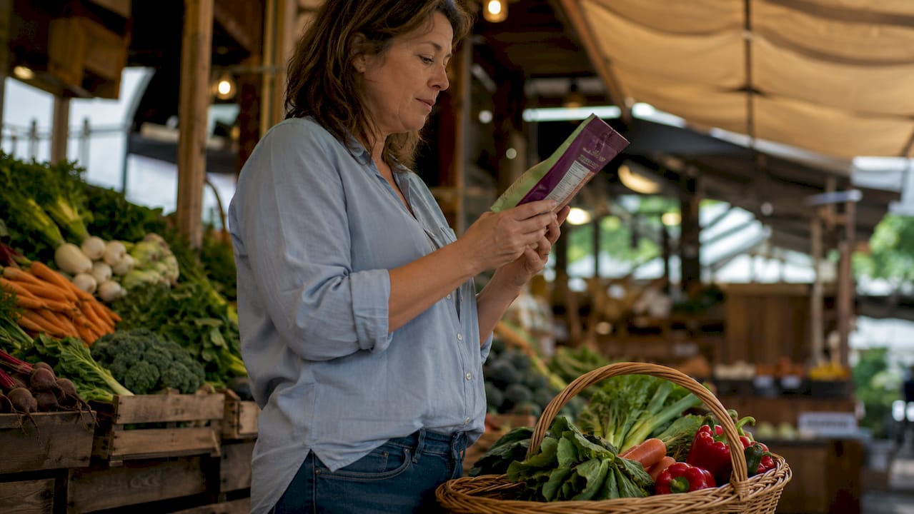 Woman reading nutrition label in supermarket aisle