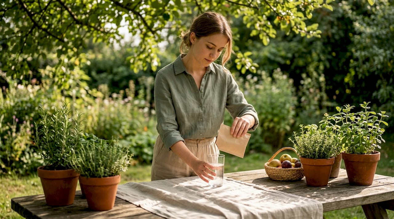Woman preparing nutritional sachet drink in kitchen