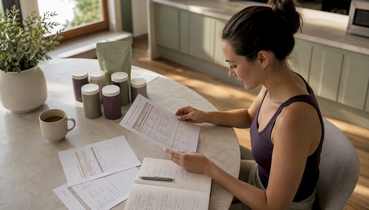 Woman reviewing UK collagen supplement options