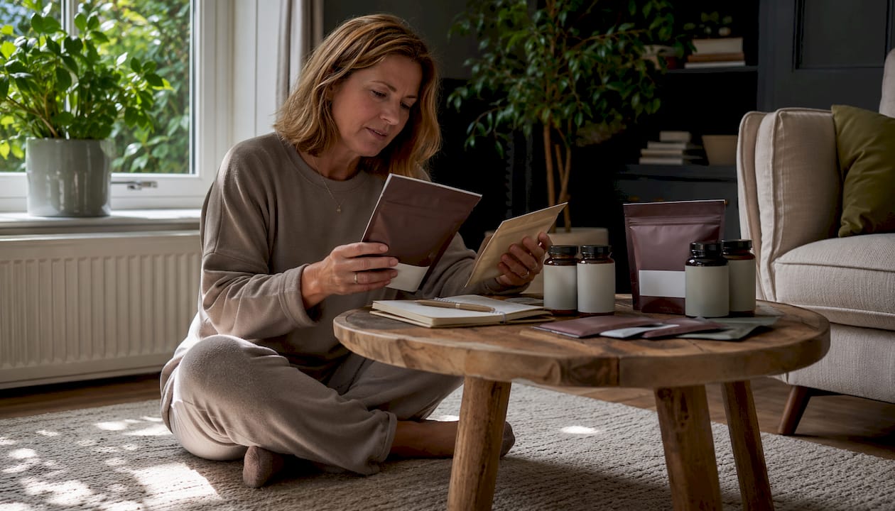Woman comparing UK collagen supplements at kitchen table