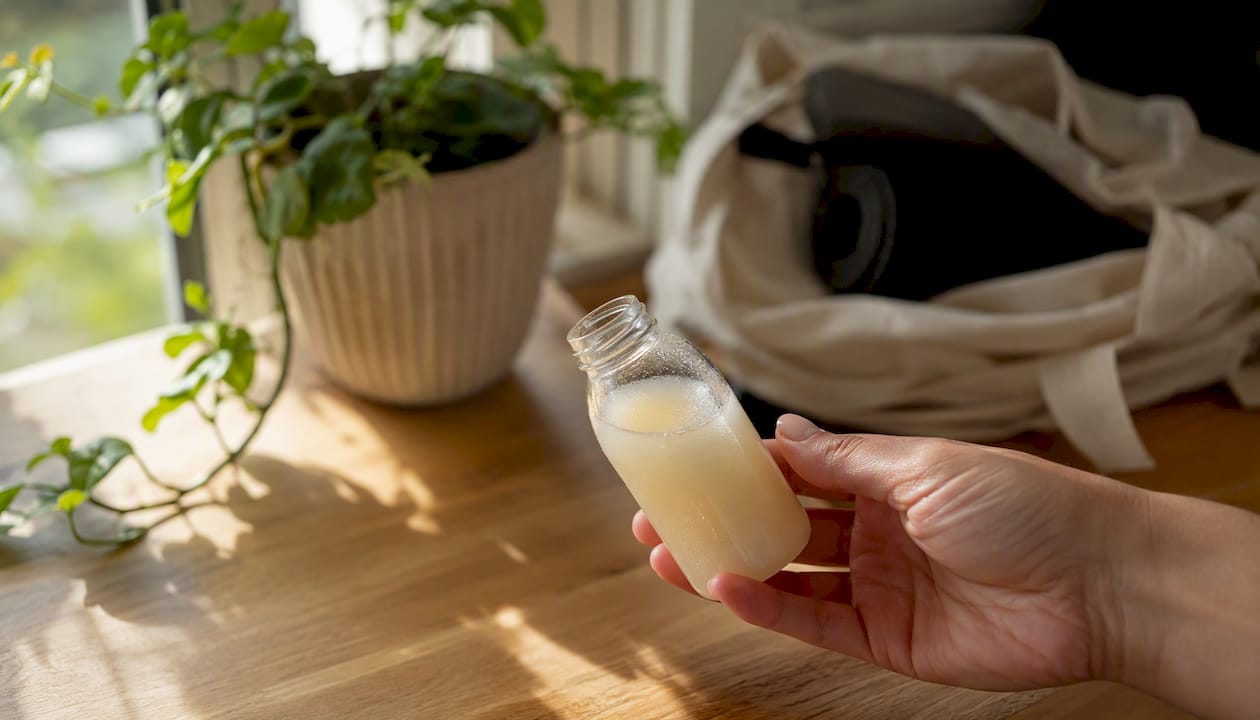 Hand holding liquid collagen shot bottle