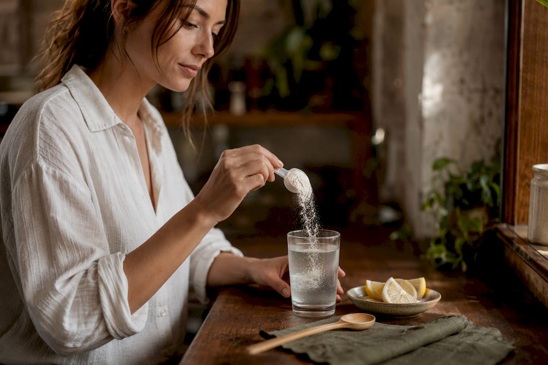 Woman pouring collagen powder into glass