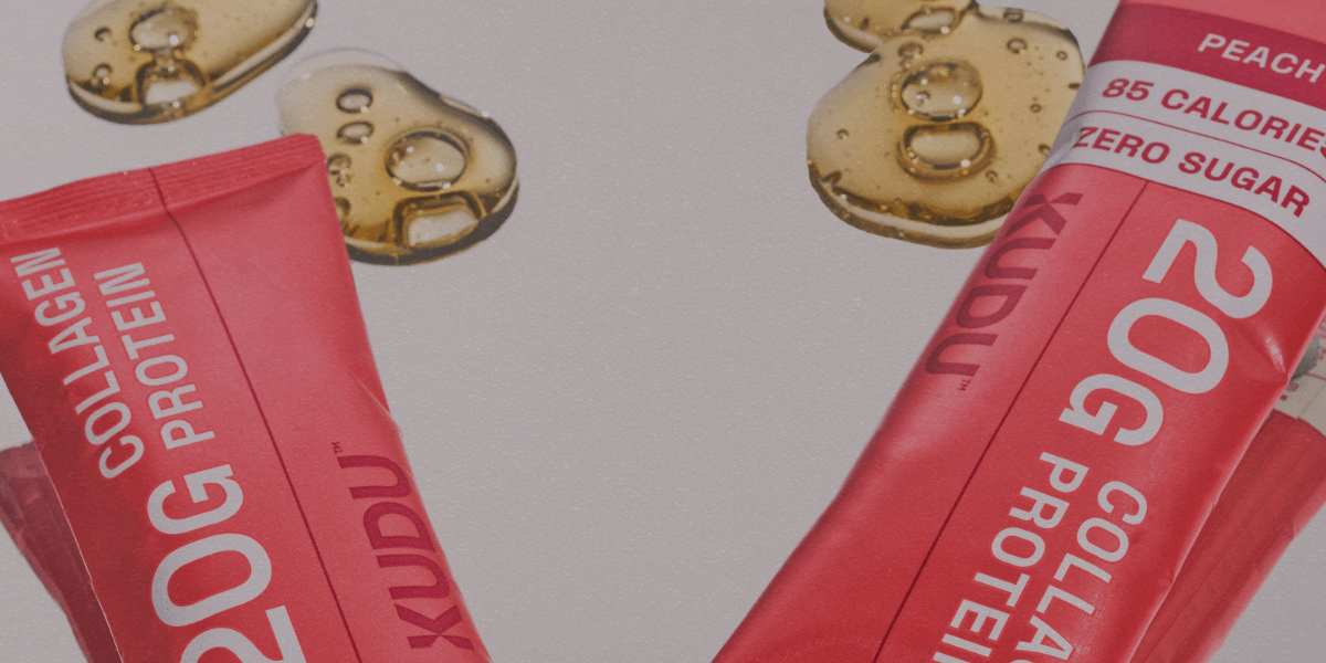 Two KUDU peach 20g collagen protein sachets with gel droplets