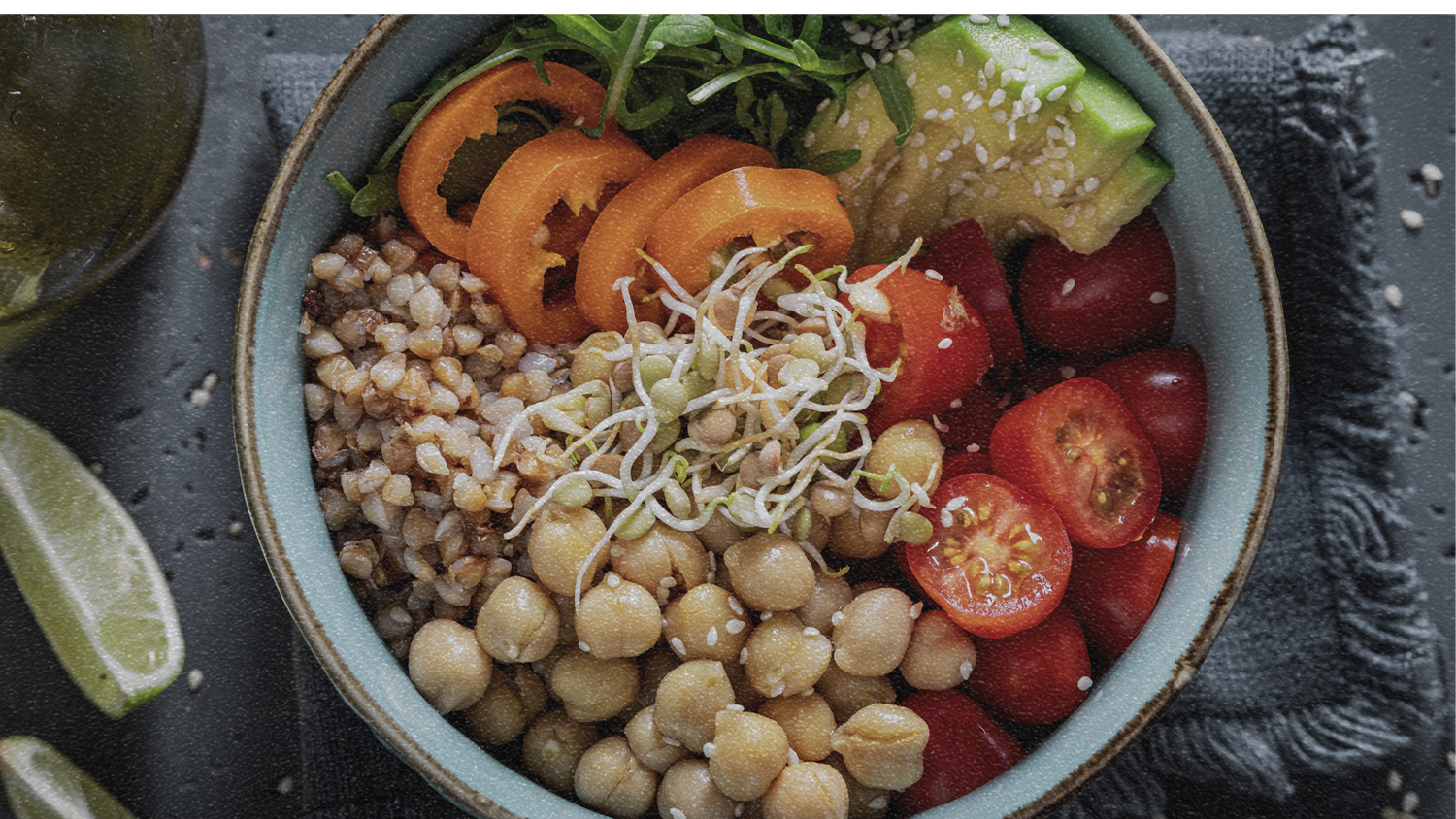Healthy grain, chickpea and vegetable nourish bowl