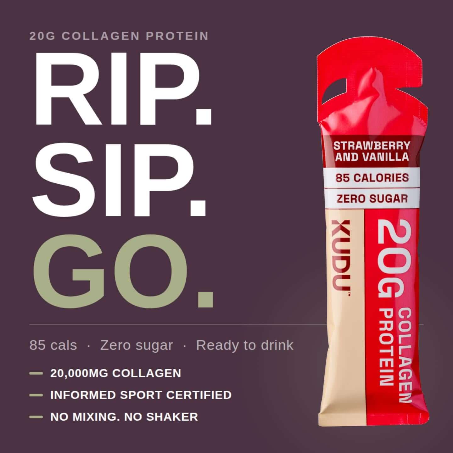 Strawberry & Vanilla 20g Liquid Collagen Protein — 14 Sachets in ready-to-drink sachet, featuring low calorie and zero sugar.