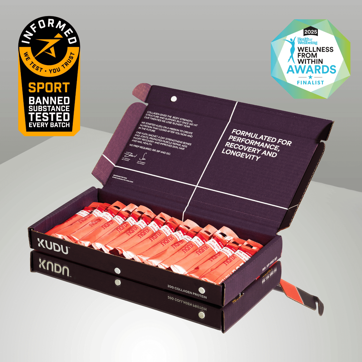 A box of peach flavored liquid collagen protein supplement with individual sachets inside, displaying award badges and product information.