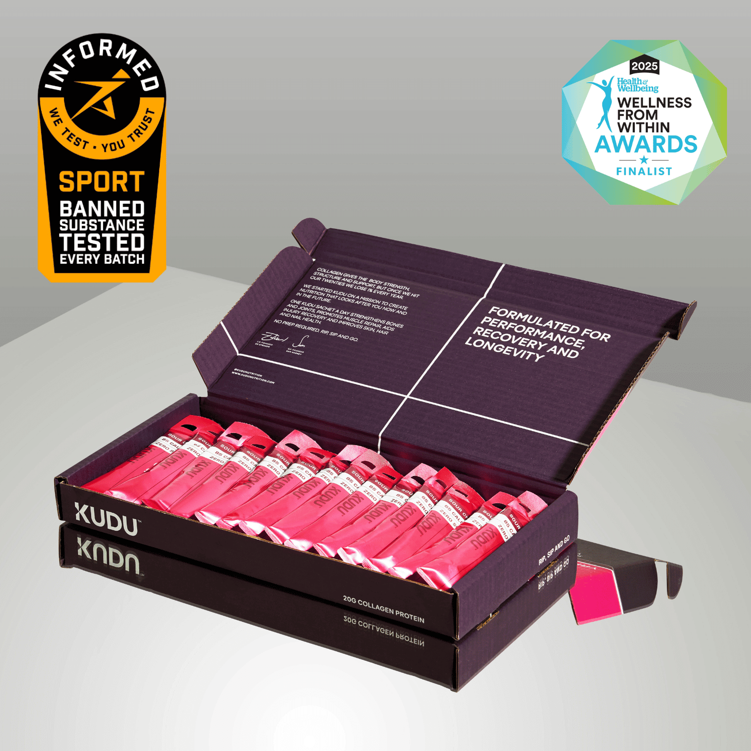 A box of KUDN liquid collagen protein bottles with a sport ban badge, indicating no banned substances