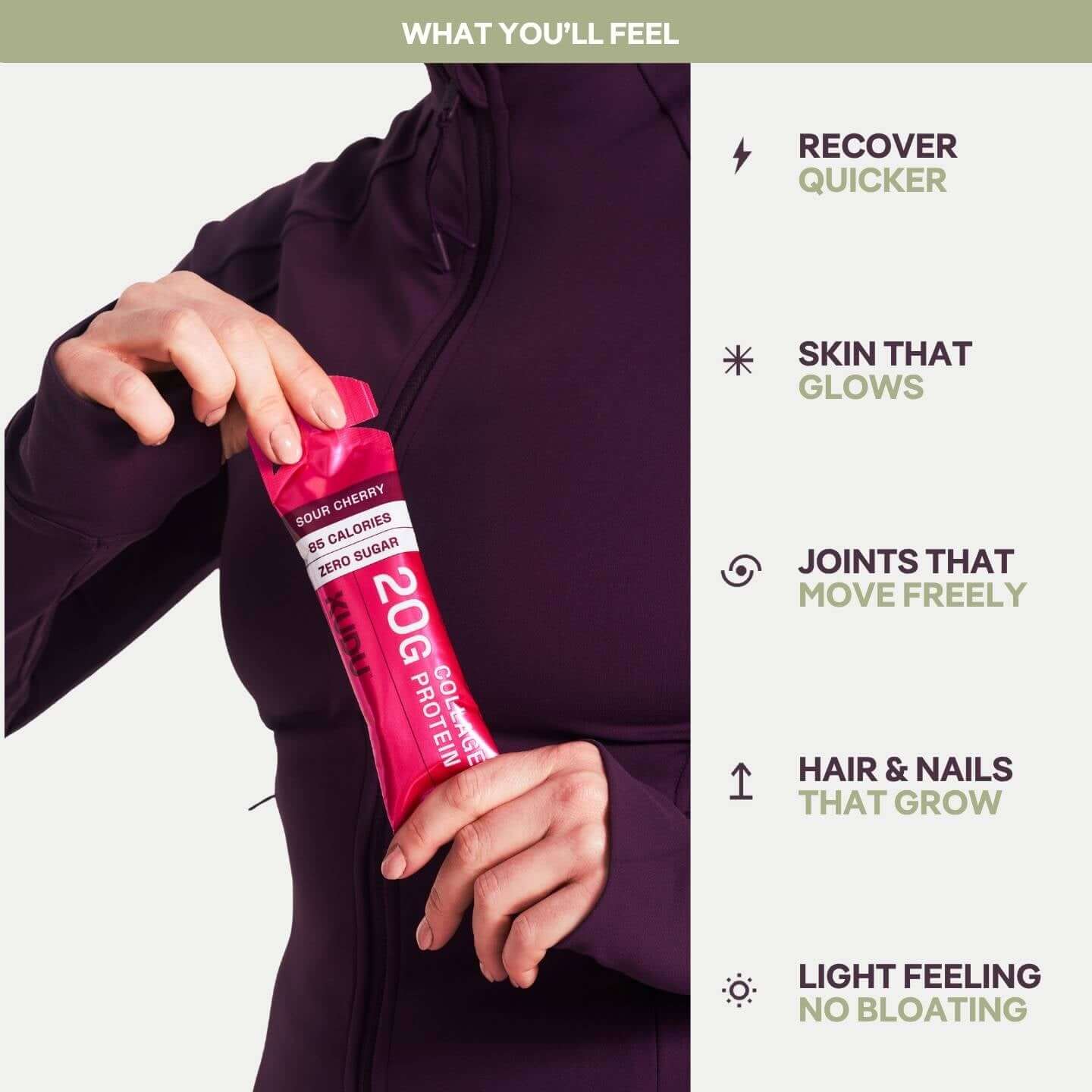 Strawberry & Vanilla 20g Liquid Collagen Protein — 14 Sachets in hand, highlighting skin benefits, low calories, and easy recovery.