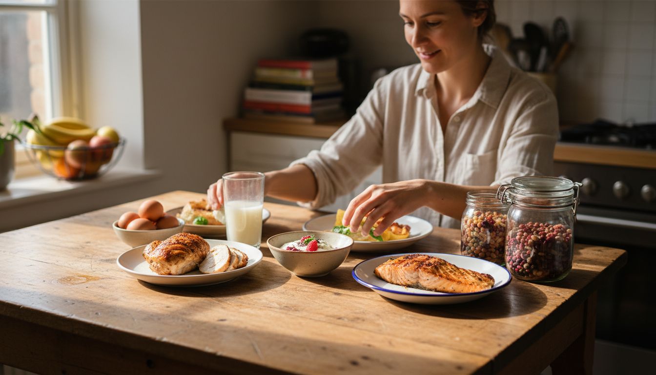 Protein rich foods arranged on kitchen table