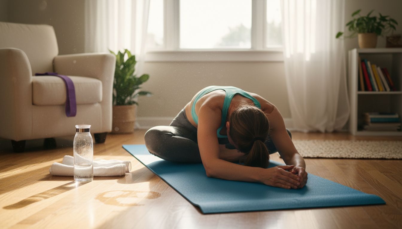 Woman stretching, glowing skin, fitness setting