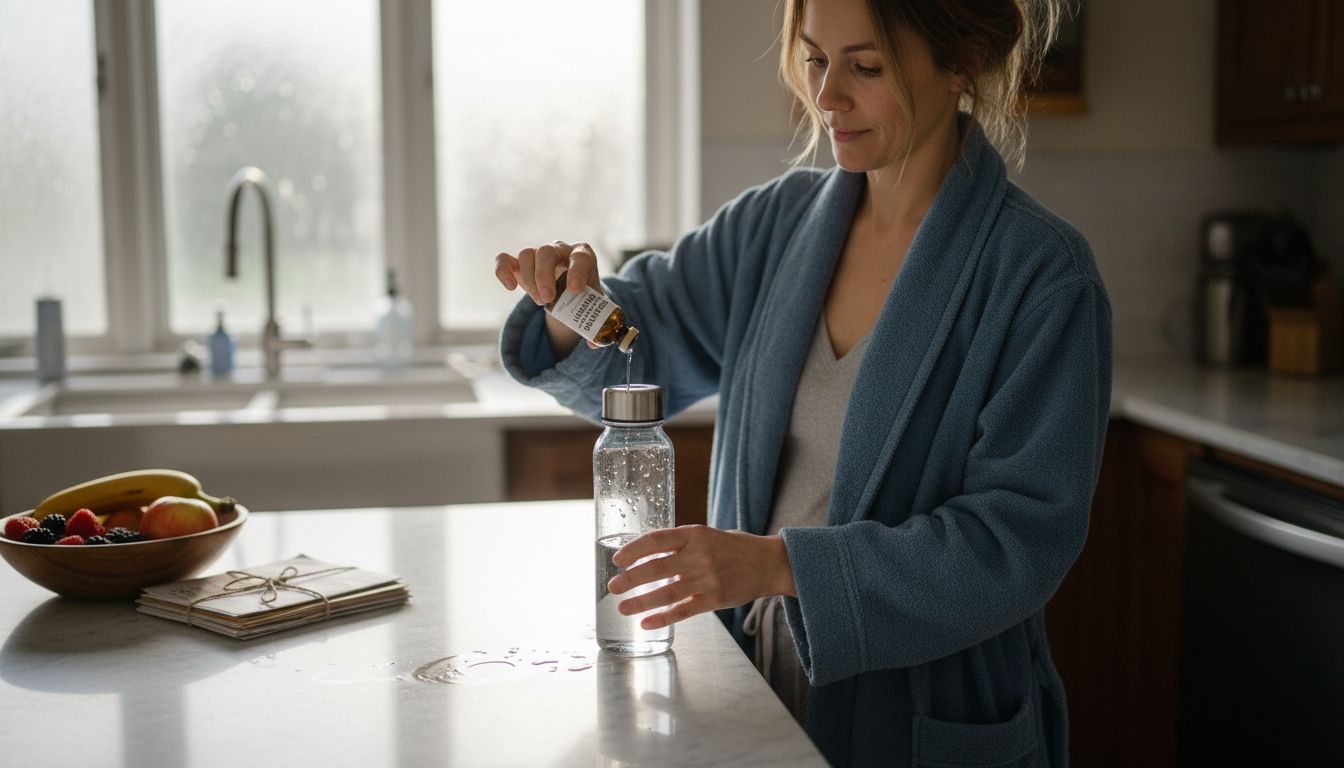 Woman preparing liquid collagen supplement