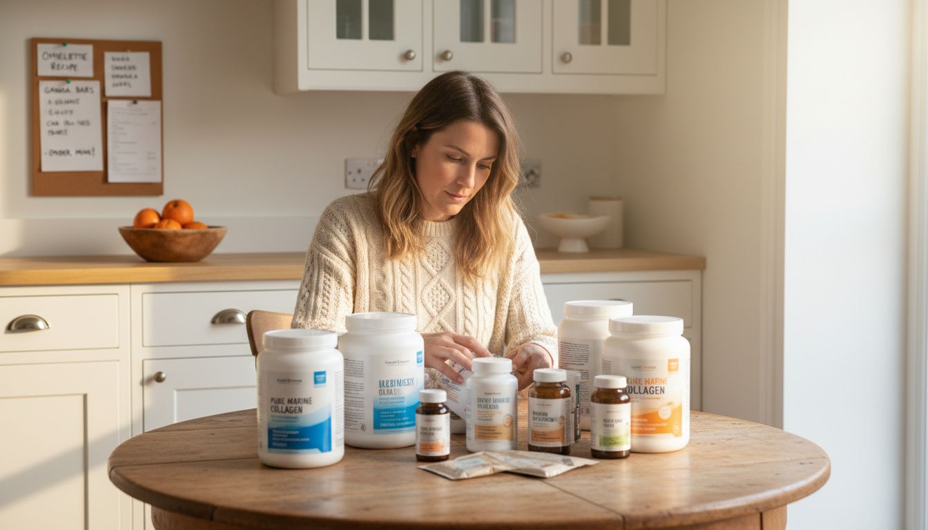 Woman comparing various collagen supplement products