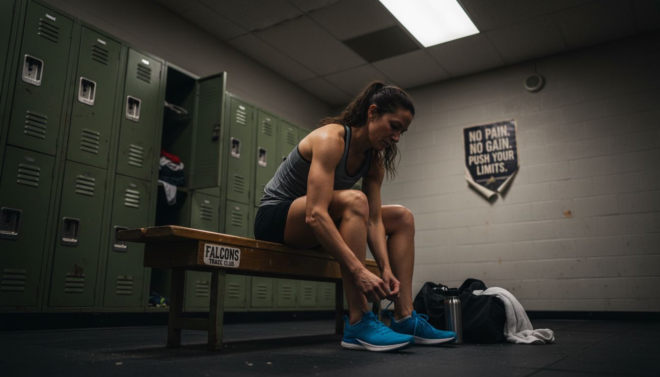 Female athlete stretching in worn locker room