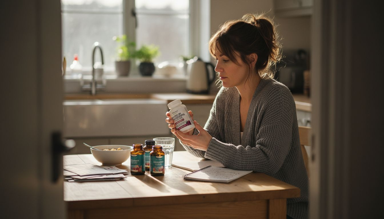 Woman examines collagen supplements at kitchen table