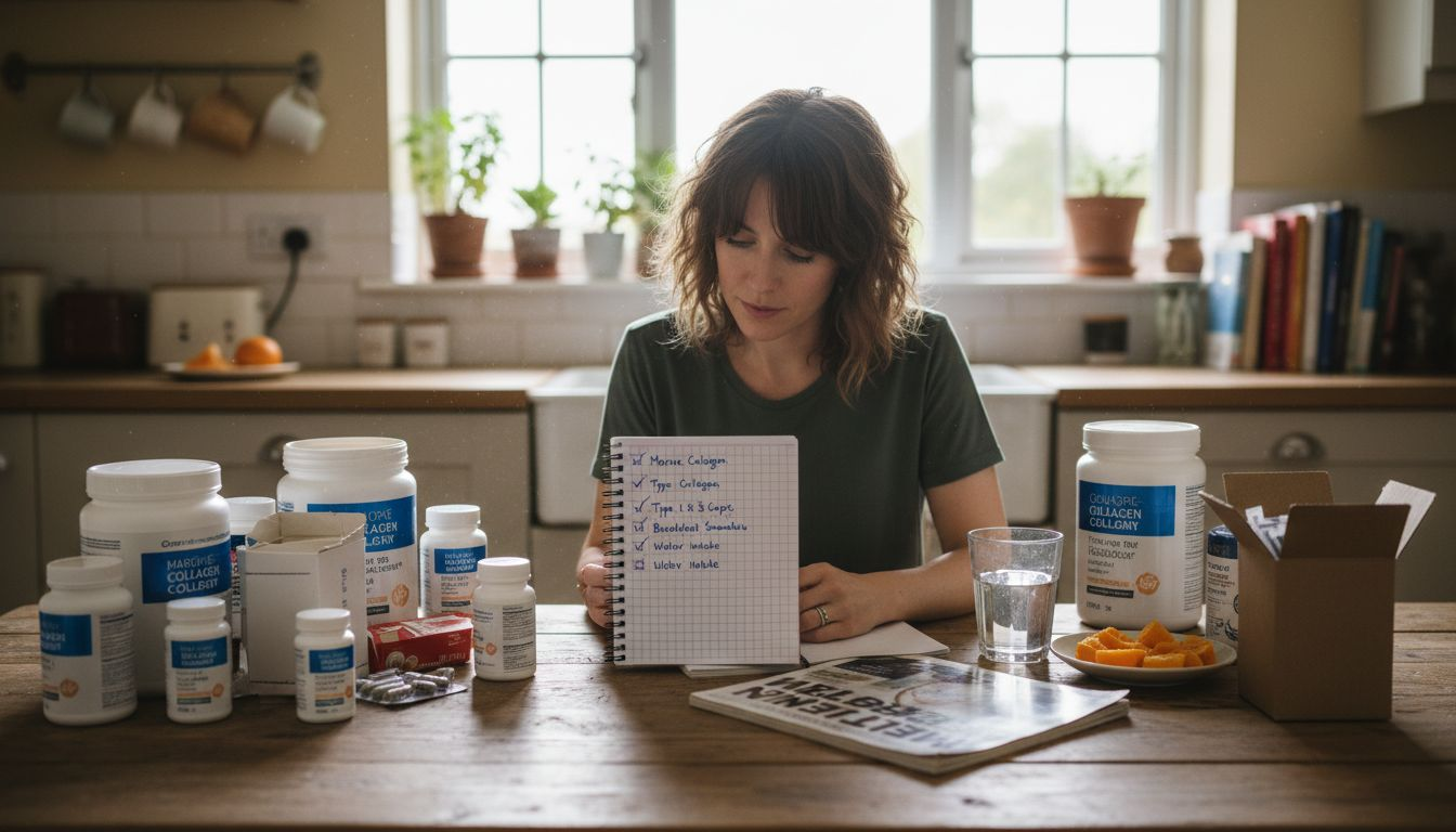 Woman making collagen checklist at kitchen table
