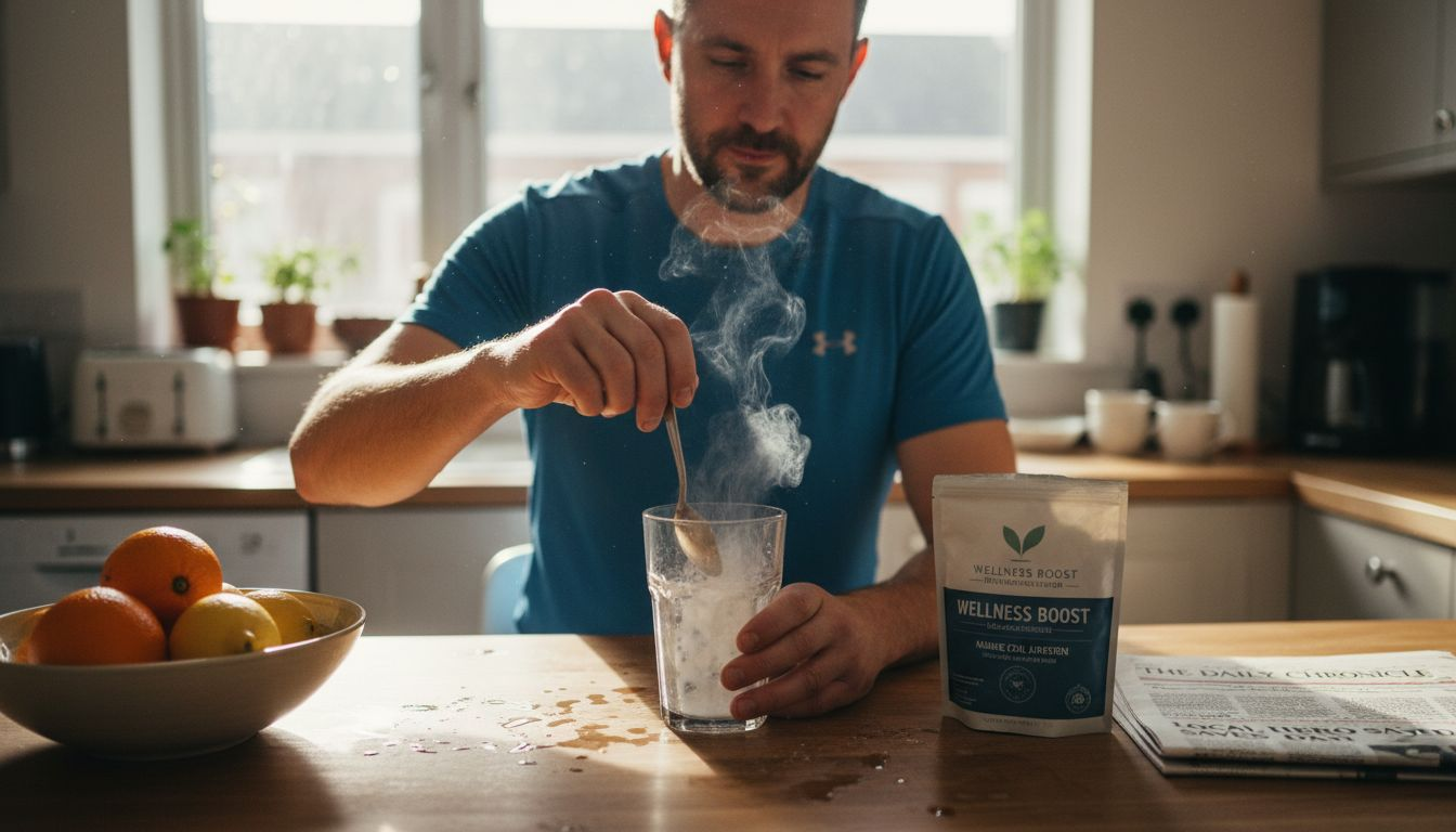 Person mixing collagen powder in kitchen setting