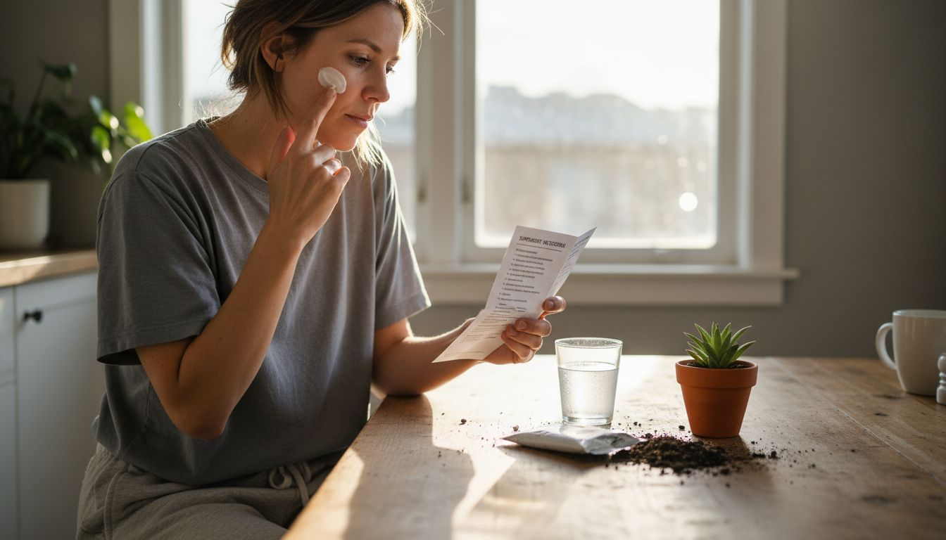 Woman applying collagen cream at kitchen table