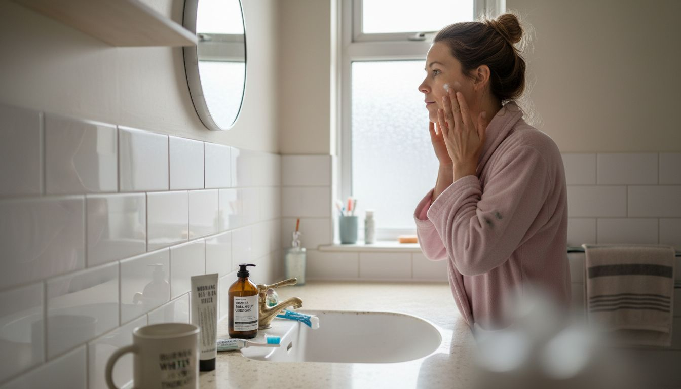 British woman applying face moisturizer